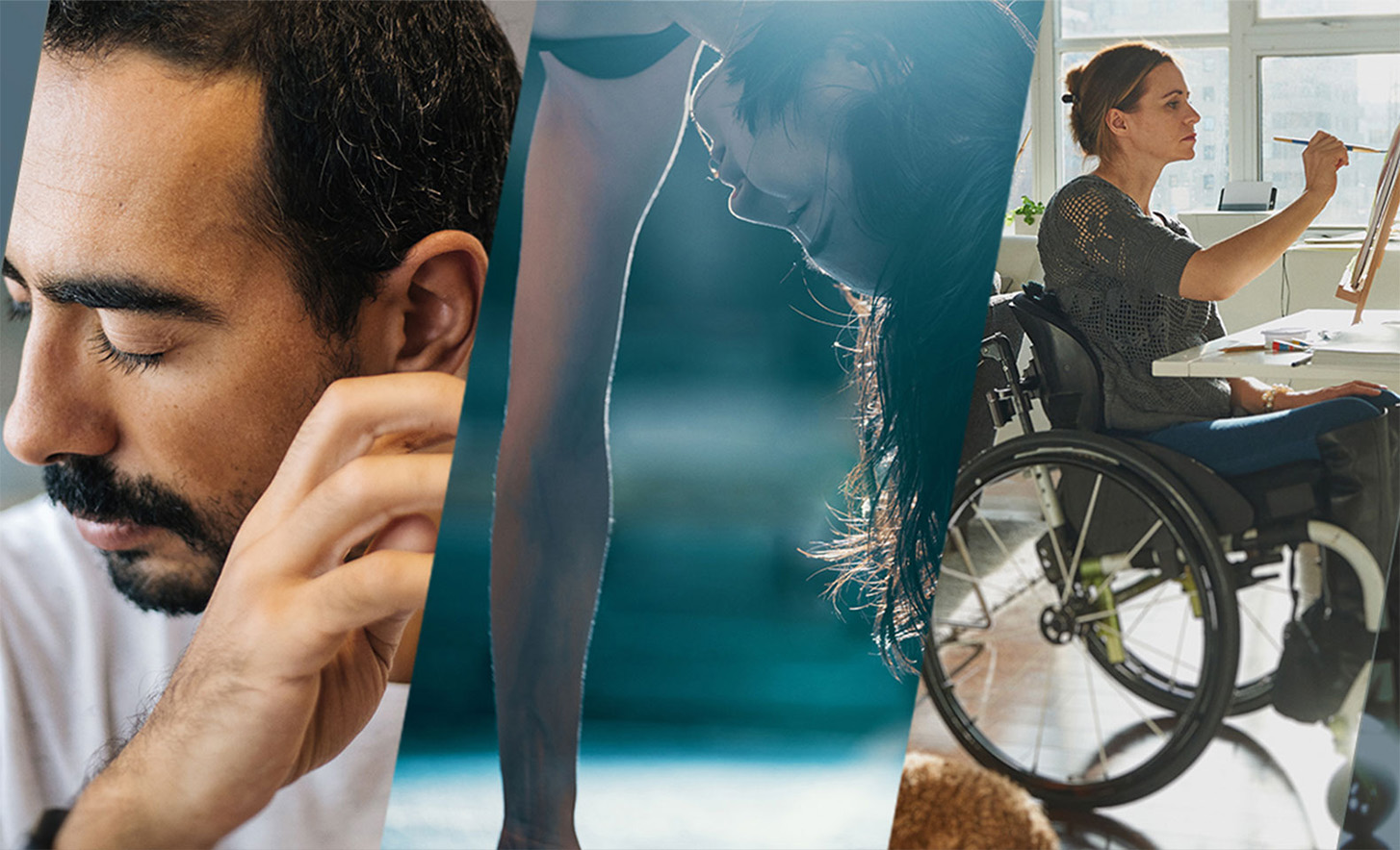 Tři spojené obrázky, na kterých jsou muž se zavřenýma očima, žena ve stoji na rukou a žena na invalidním vozíku malující na plátno.