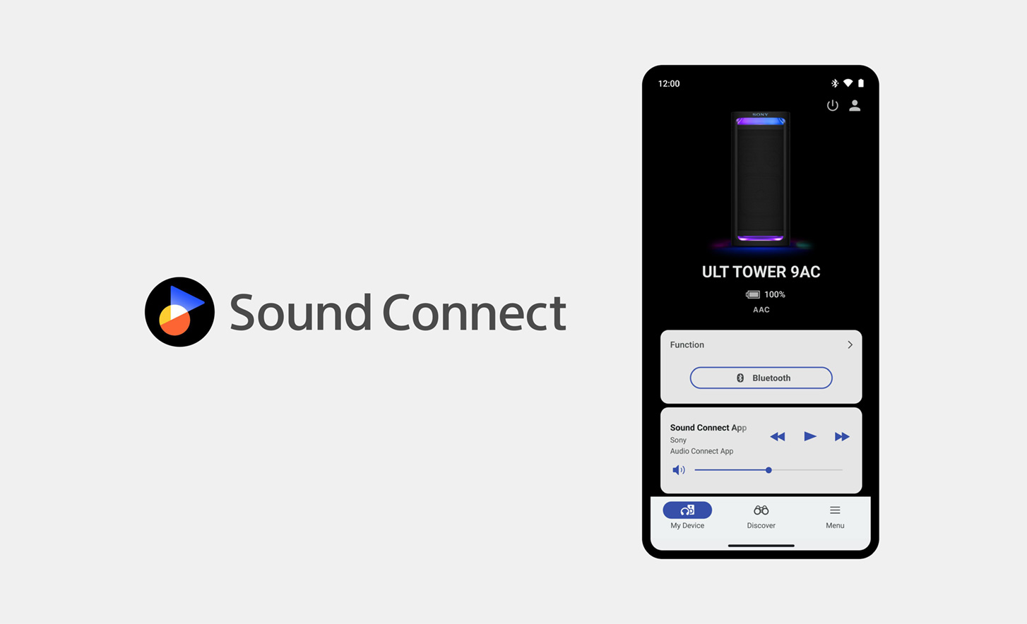 Logo Sound Connect vedle obrázku mobilního telefonu s otevřenou a používanou aplikací Sony Connect na obrazovce