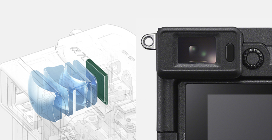 Ilustrace znázorňující vnitřek hledáčku a hledáček zblízka