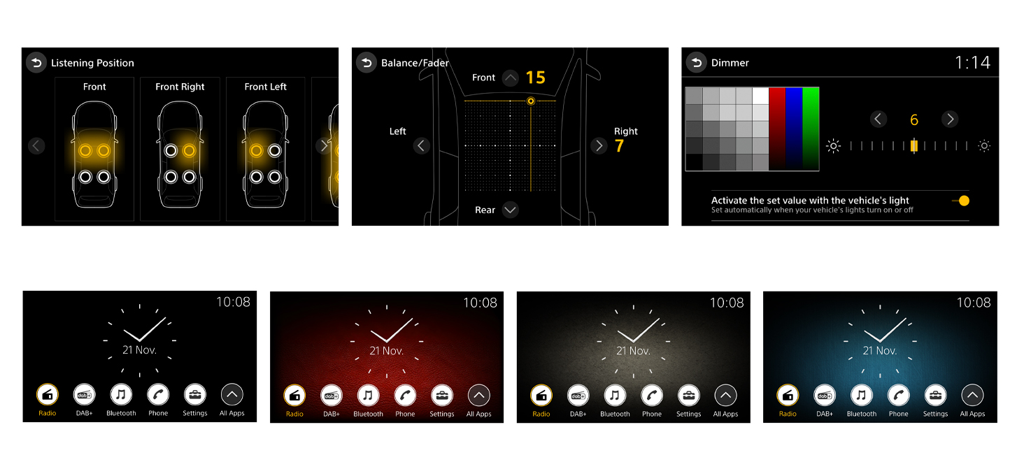 Snímek několika rozhraní na obrazovce a jejich možností na přehrávači XAV-9550ES
