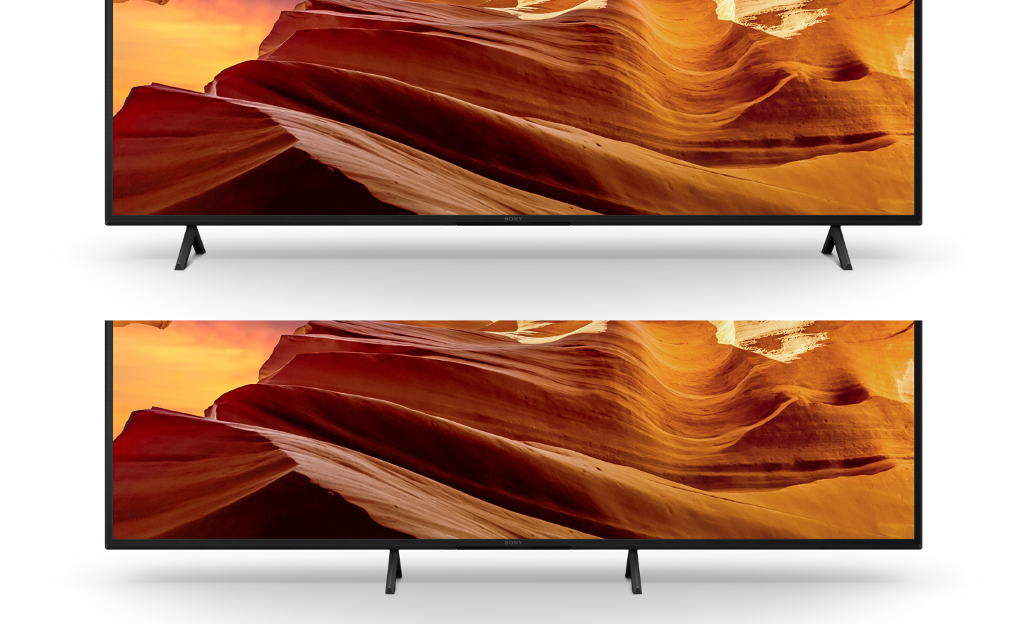 Dva snímky televizorů s uspořádáním s širokým stojanem výše a uspořádáním s úzkým stojanem níže a snímky obrazovky skalních útvarů