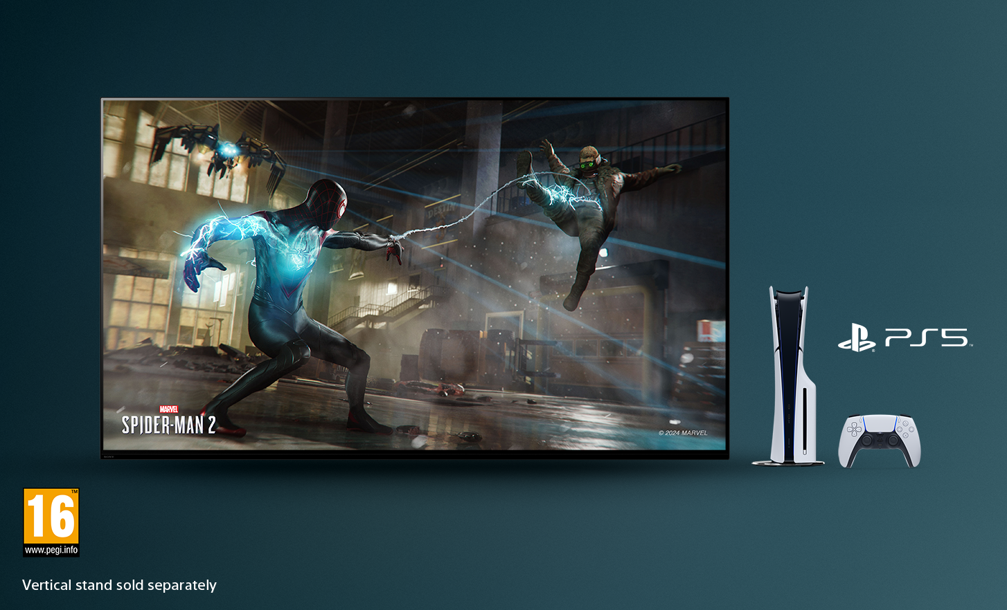 Televizor se snímkem obrazovky se hrou Marvel SPIDER-MAN 2, konzolí PlayStation® 5 a ovladačem napravo a logem PEGI 16 vlevo dole