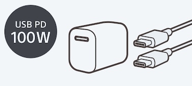 Ilustrace znázorňující, že 100W napájecí adaptér USB PD a kabel nejsou součástí balení a je nutné je zakoupit samostatně
