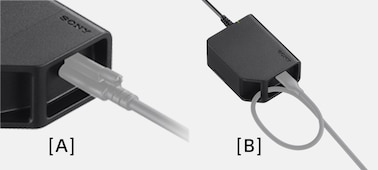 Obrázky produktu zobrazují: [A]: kabel připojený k tělu modelu DC-C2 pomocí USB konektoru s pojistným šroubem; [B]: kabel tvarovaný do jisticí smyčky za účelem snížit riziko náhodného odpojení od portu USB na modelu DC-C2